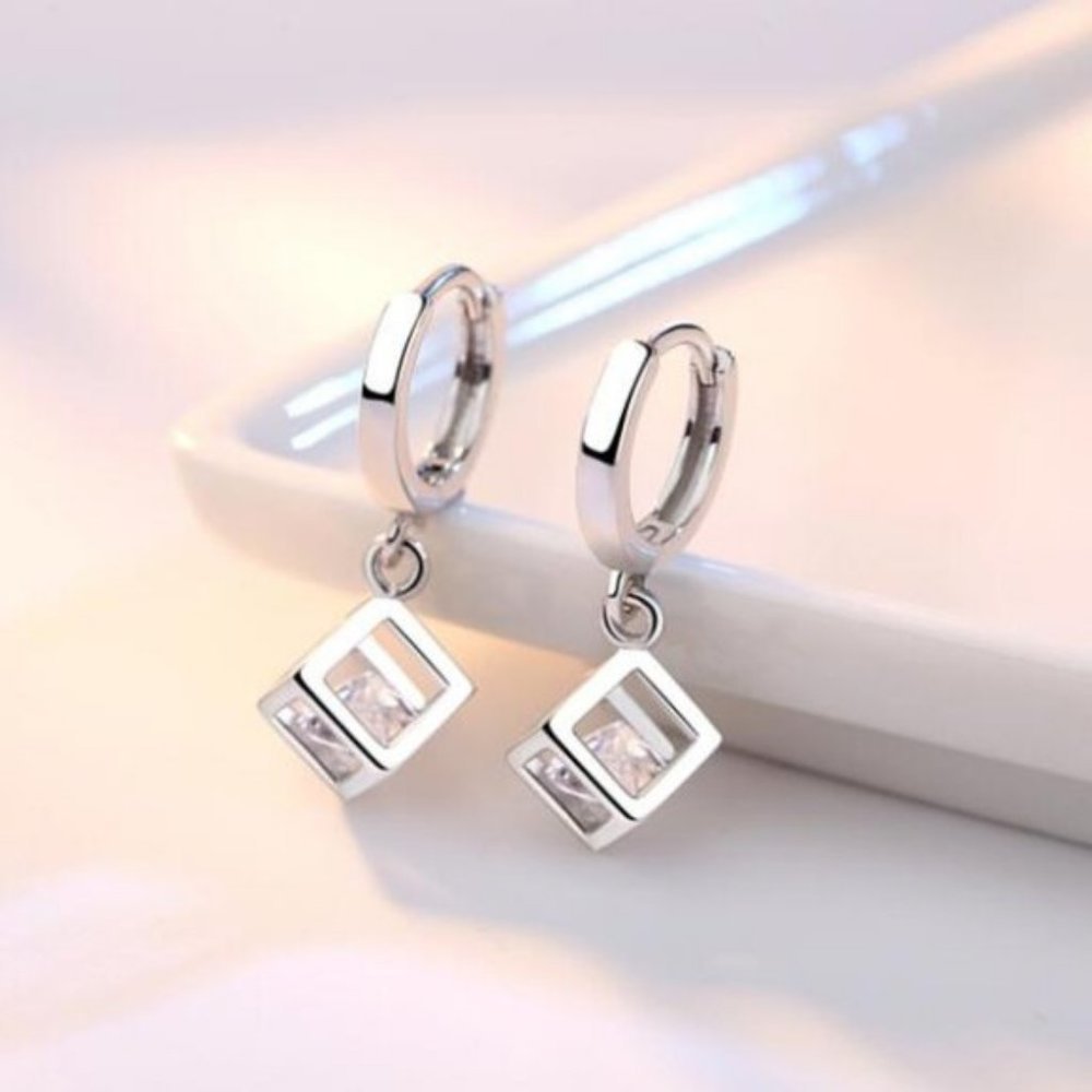 *NEW [Set of 3] 925 Sterling Silver Diamond Cube E - Picture 3 of 13